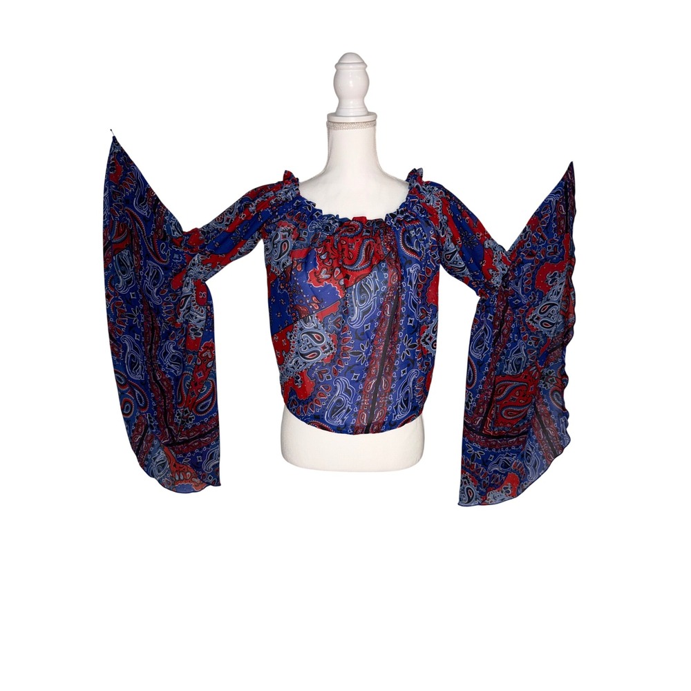 Truth Womens Red/Blue Paisley Sheer Bandana Print Bell Sleeve Crop Boho Top Lg